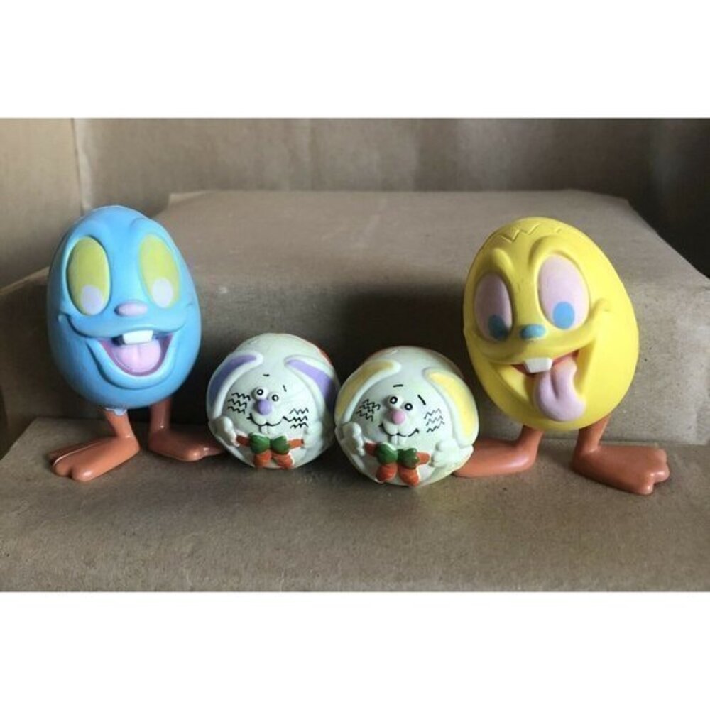 Vintage 4 Pcs Lot Easter Eggs Bunnies Figures 1988 Hard Sponge Ball